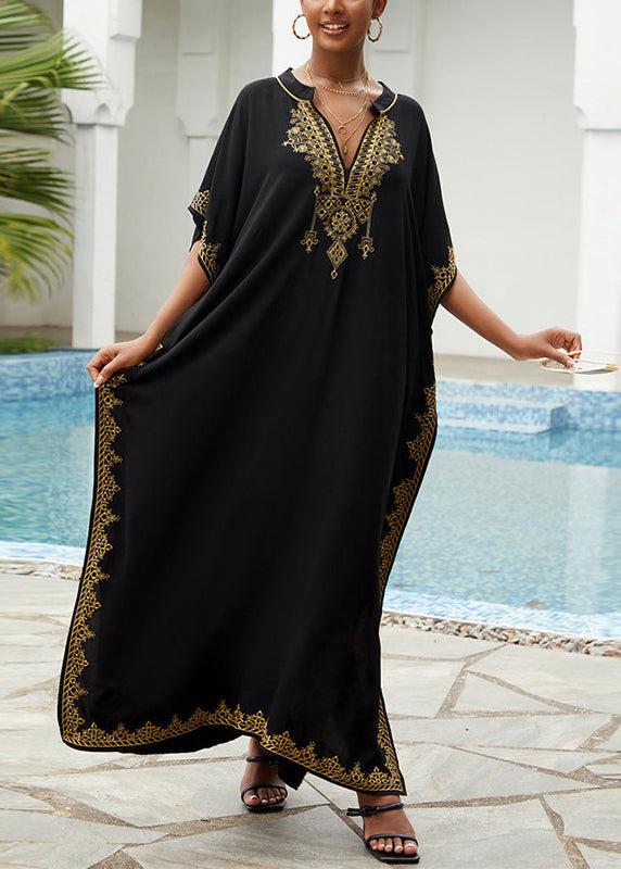 Loose Black Embroidered Cotton Robe Dresses Summer