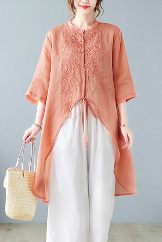 Summer Embroidered Loose Long Top Half Sleeve Ramie Shirt