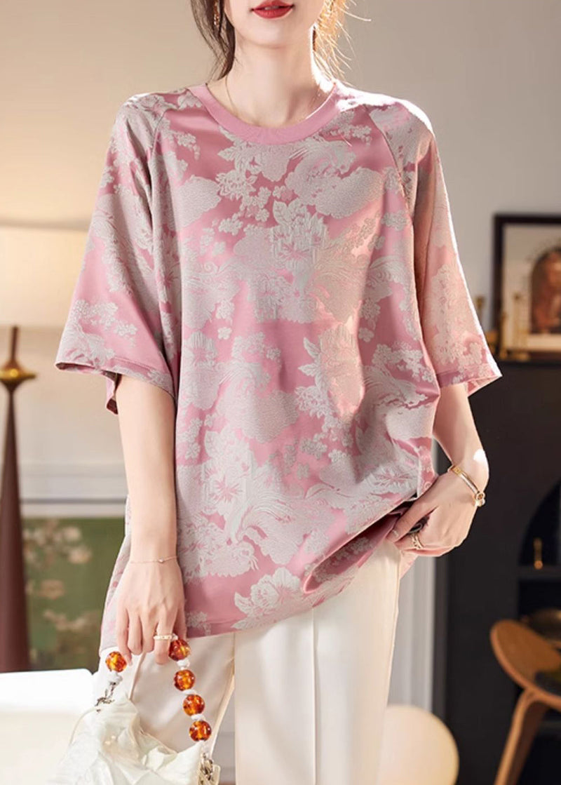 Jacquard Pink O-neck Chiffon T Shirt Short Sleeve