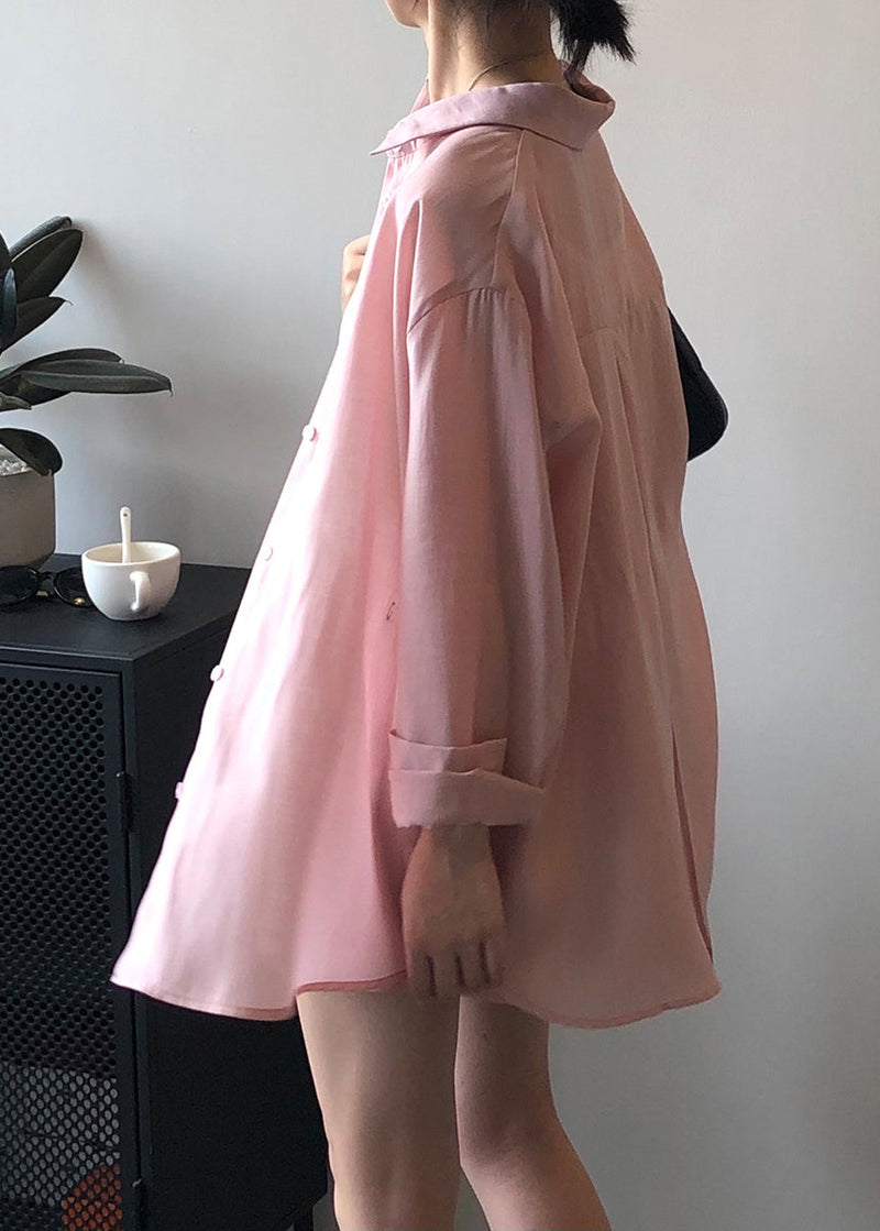 Loose Pink Lace Up Pockets Shirts and Shorts Silk Two Pieces Set Spring