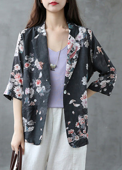Red Peter Pan Collar Print Button Linen Coats Summer