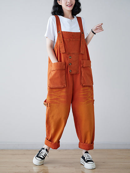 Spliced Washed Denim Loose Jumpsuits