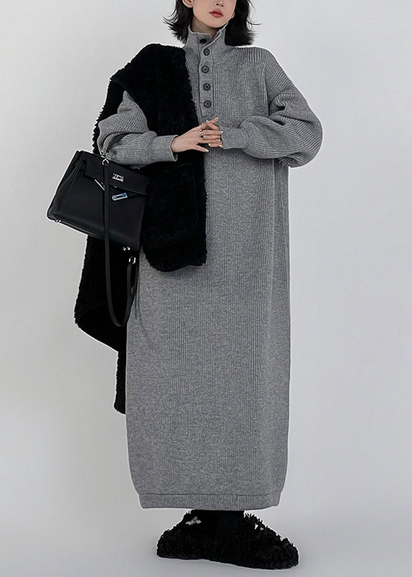 Grey Hign Neck Button Long Knit Sweaters Dress Winter