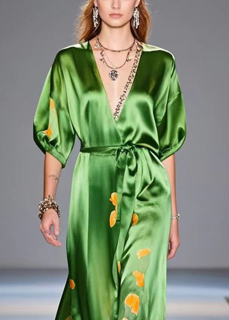 Tea Green Cinched Print Silk Party Dress Summer