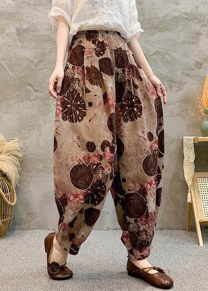 Light Brown Pockets Elastic Waist Cotton Harem Pants Summer