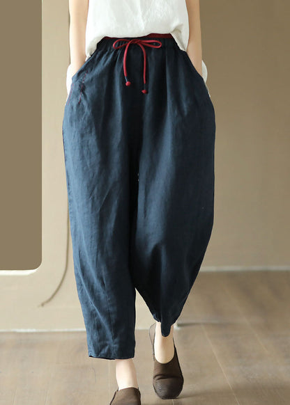 Art Navy Pockets Embroidered Patchwork Linen Pants Summer