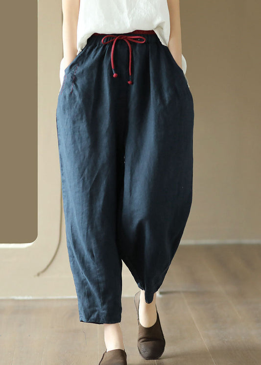 Art Navy Pockets Embroidered Patchwork Linen Pants Summer
