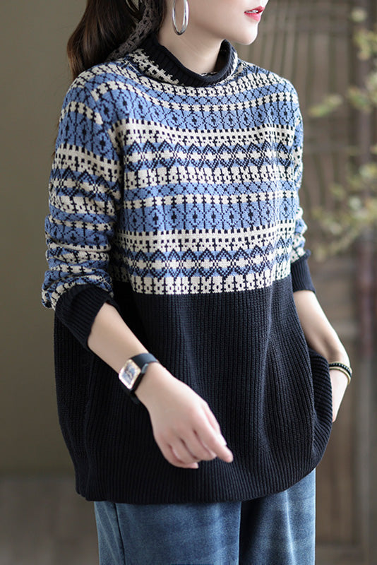 Retro Loose Cotton Sweater Half High Neck Sweater