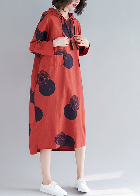 Red Hooded Print Cotton Loose Sweatshirt Dress Fall