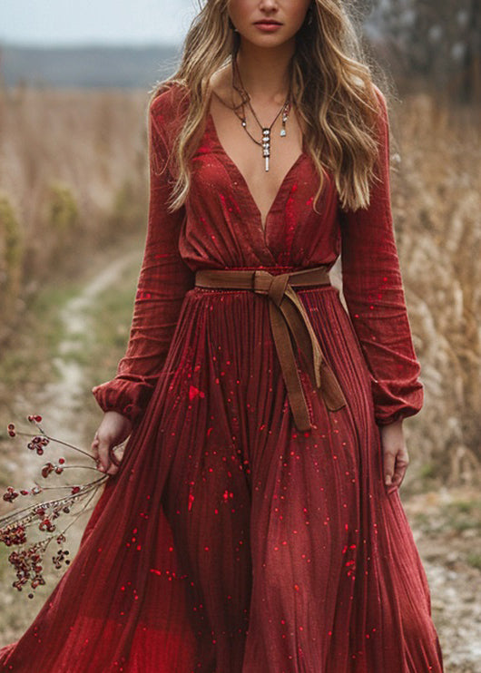 Red V Neck Wrinkled Patchwork Cotton Dress Long Sleeve