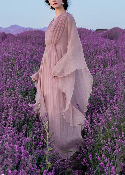 Pink Wrinkled Silk Long Dress Batwing Sleeve