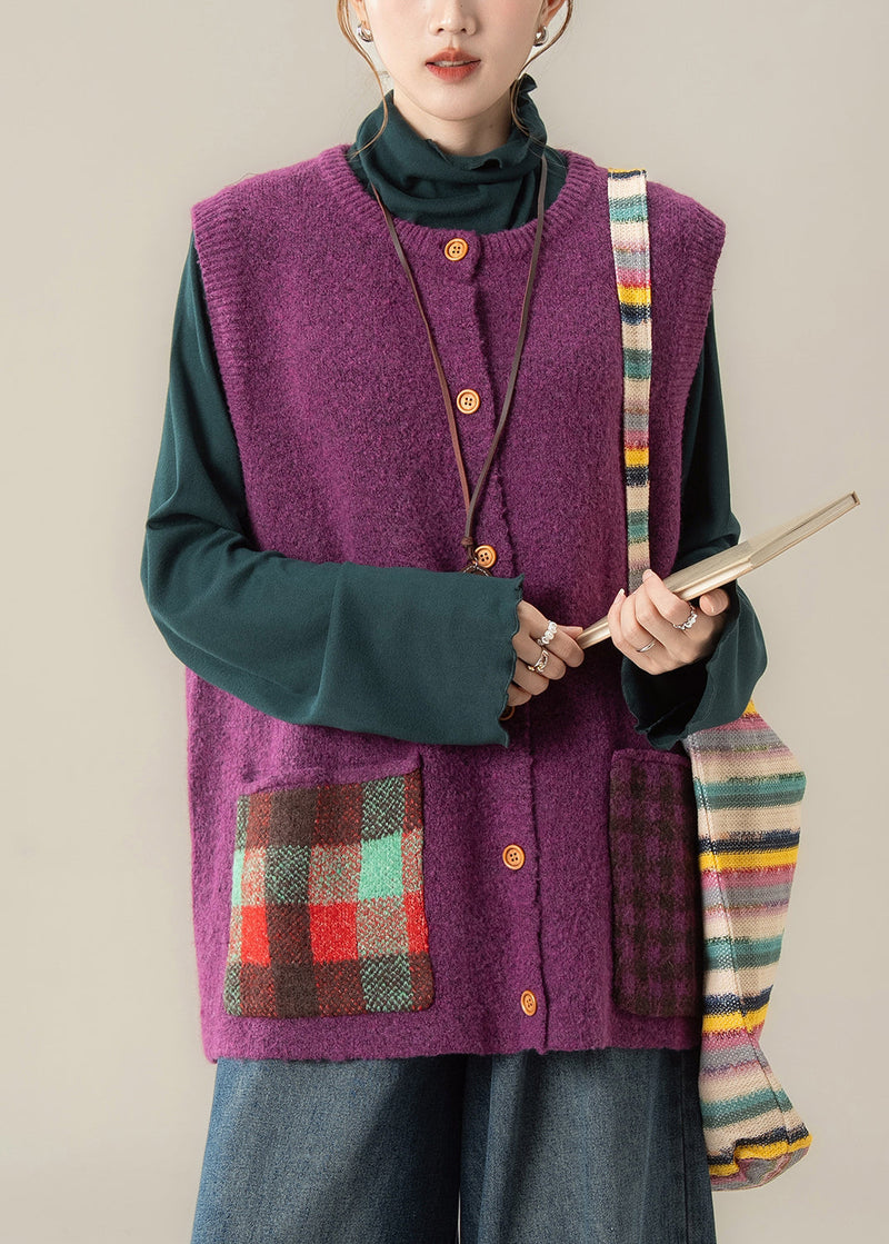 Purple Patchwork Button Cozy Cotton Knit Waistcoat Winter