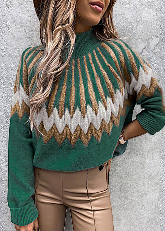 Stylish White Hign Neck Print Knit Short Sweater Fall