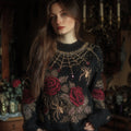 Comstylish Halloween Antique Spider And Red Rose Vintage Round Neck Sweater