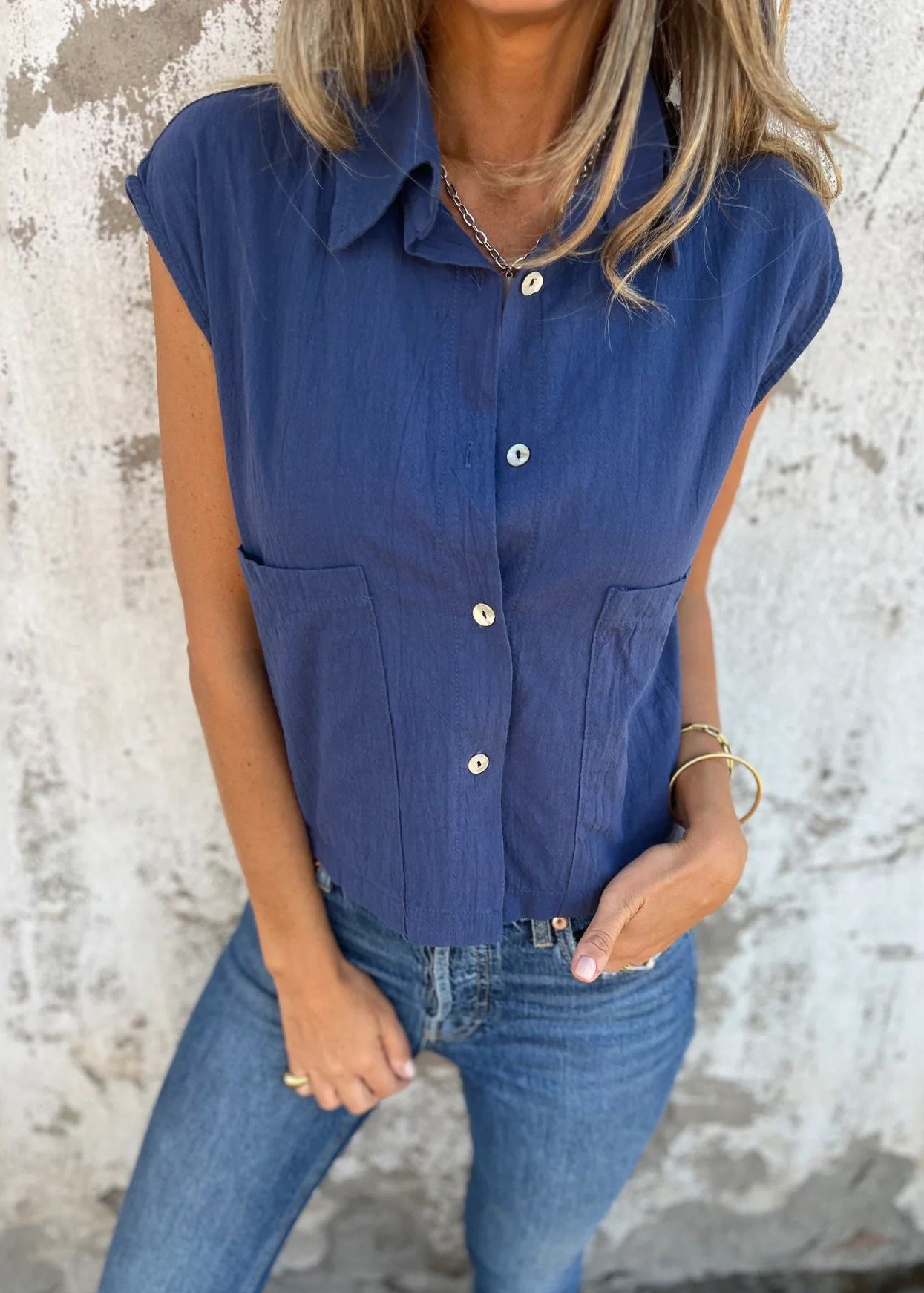 Loose Apricot Peter Pan Collar Pockets Button Cotton Shirts Summer
