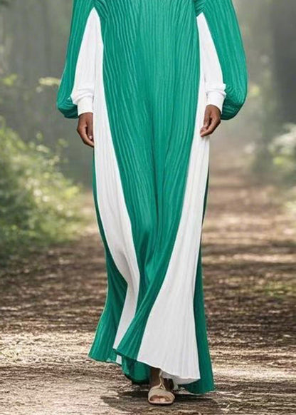 Colorblock V Neck Wrinkled Chiffon Long Dresses Spring
