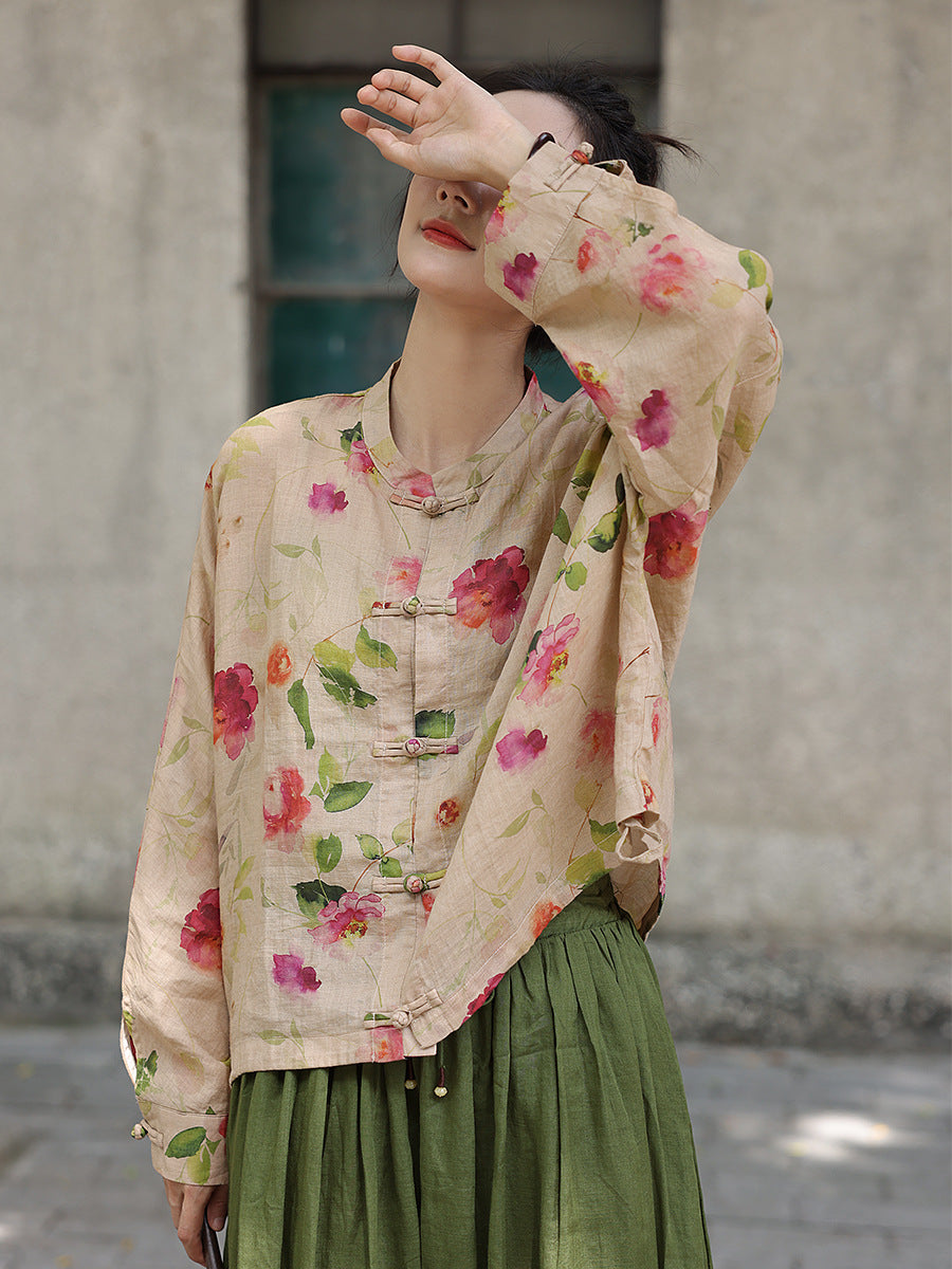 Flower Button-up Ramie Loose Shirt