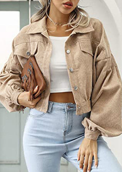 Light Camel Peter Pan Collar Corduroy Short Coat Fall
