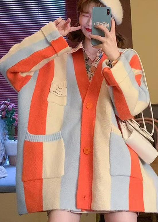 Orange V Neck Pockets Patchwork Knit Cardigans Spring