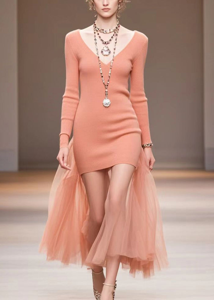 Brick Red V Neck Patchwork Tulle Knitted Dress Fall