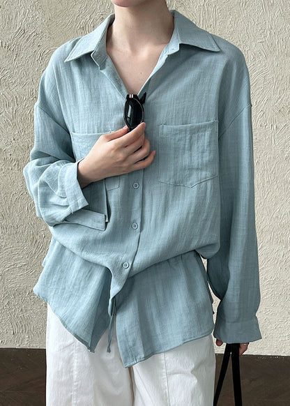Sky Blue Oversized Cotton Top Drawstring Pockets Spring