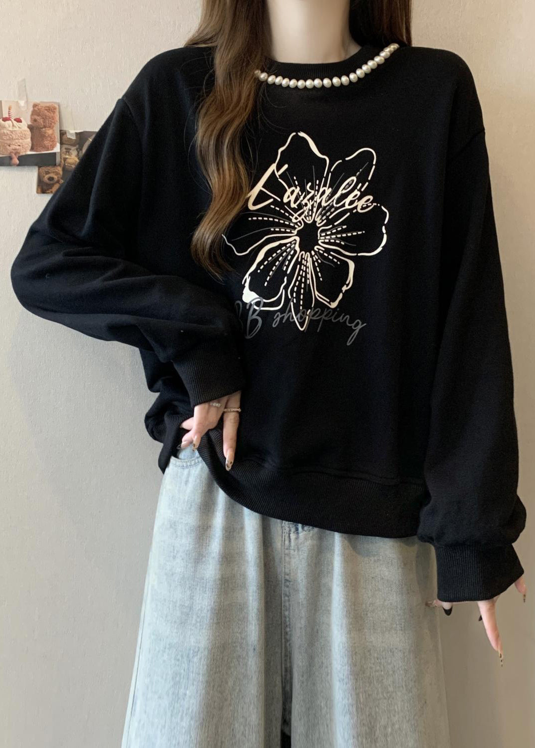 Loose Black O-neck Pearl Print Cotton Sweatshirts Fall