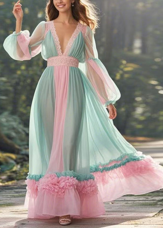 Green V Neck Ruffled Patchwork Chiffon Long Dress Spring