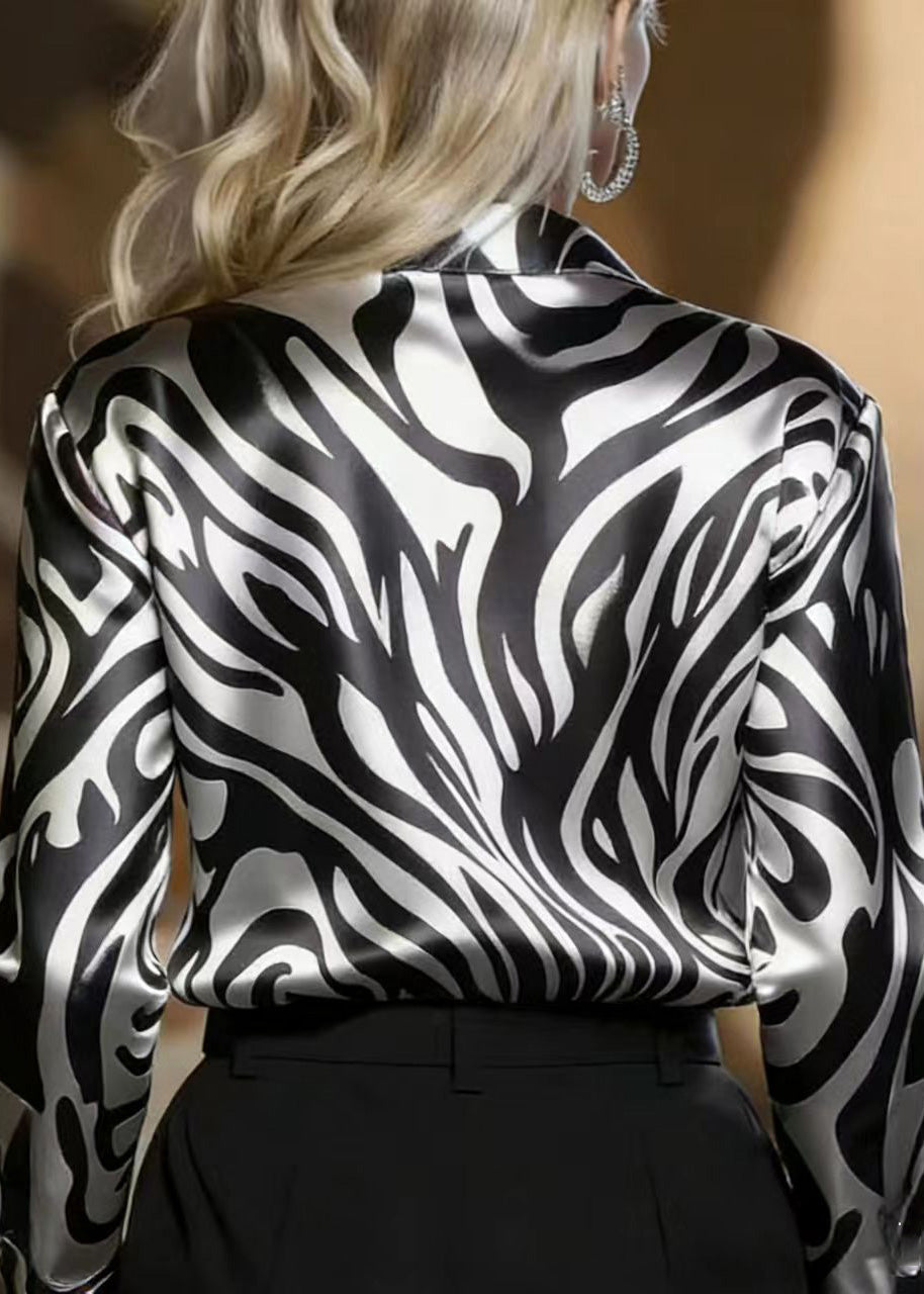 Modern Black Zebra Pattern Peter Pan Collar Silk Blouse Tops Spring