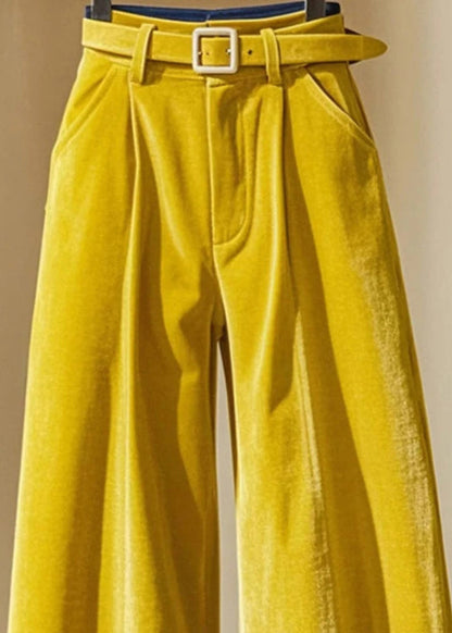 Modern Yellow Pockets High Waist Cotton Wide Leg Pants