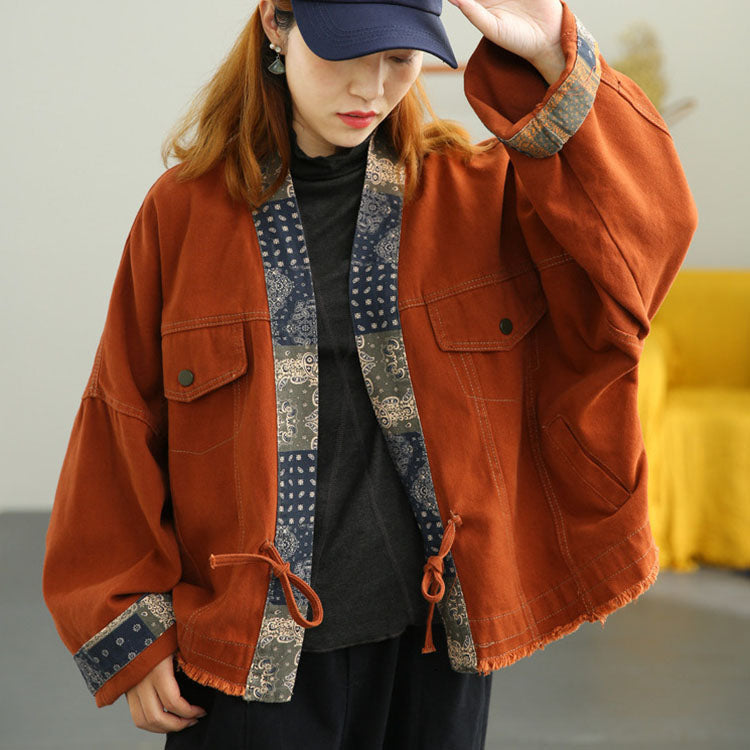 Orange Retro Patchwork Loose Fall Coat