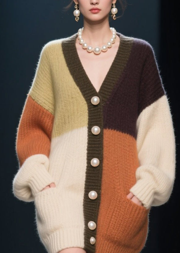 Colorblock V Neck Button Patchwork Knit Loose Coat Fall