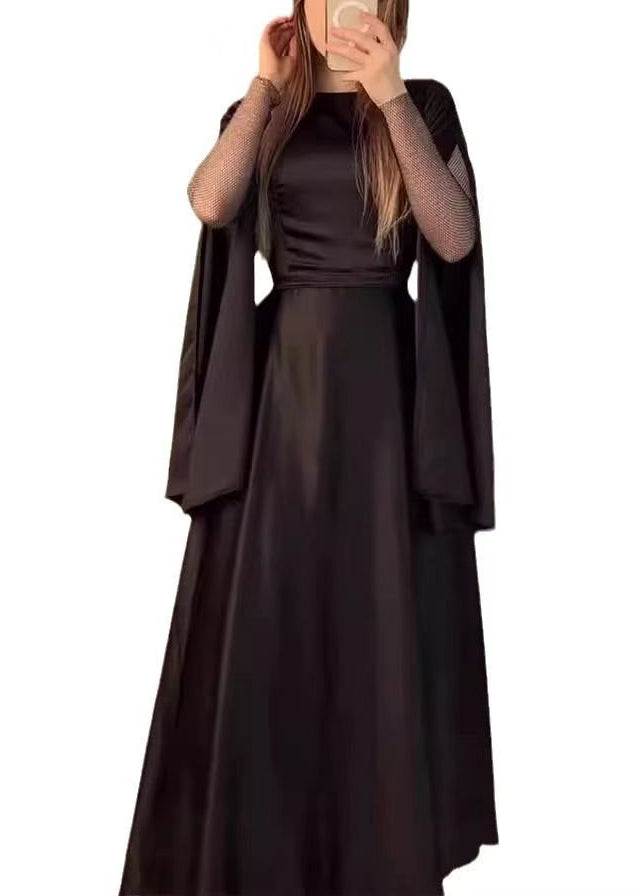 Black O Neck Patchwork Slim Fit Silk Dress Fall