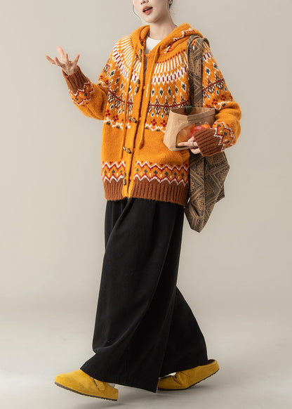 Stylish Orange Jacquard Hooded Knit Coat and Wide Leg Pants Two Pieces Set Fall