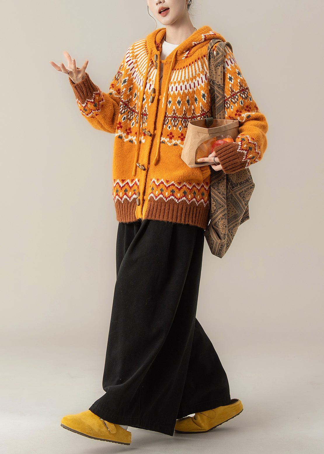 Stylish Orange Jacquard Hooded Knit Coat and Wide Leg Pants Two Pieces Set Fall