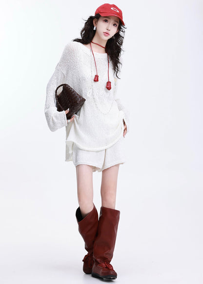 Art White Oversized Letter Knit Two Piece Suit Set Spring