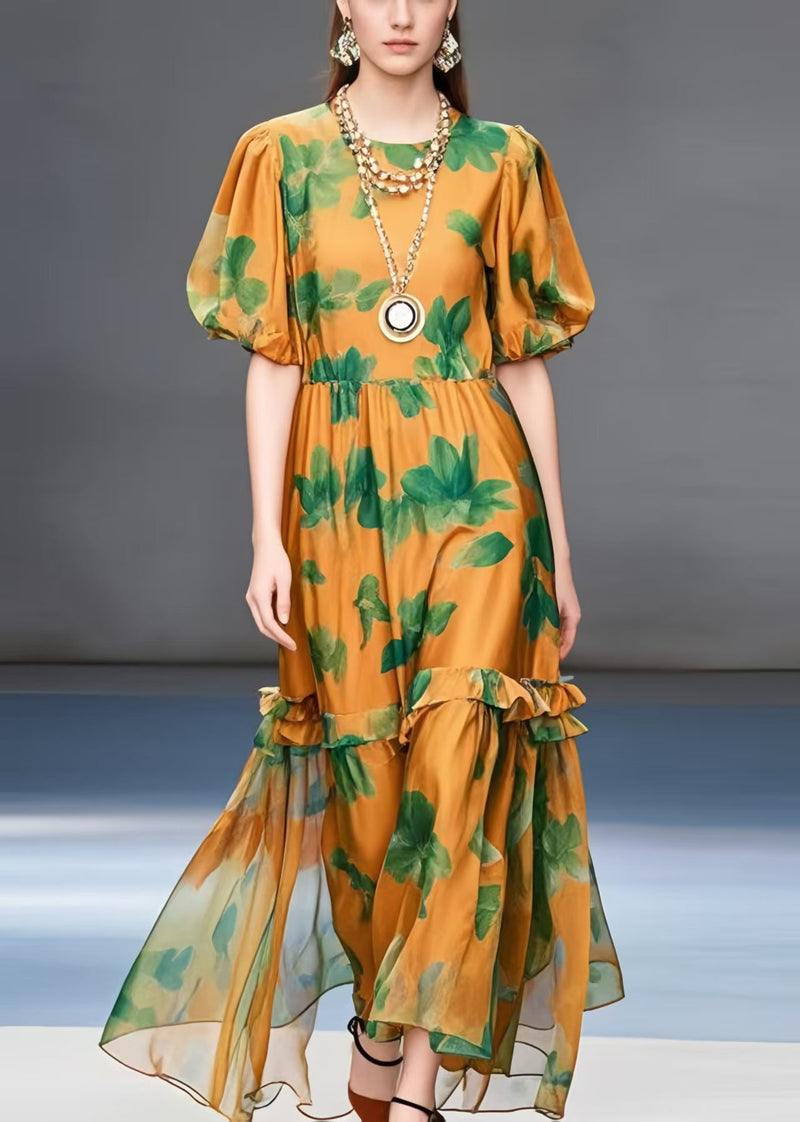 Unique Orange Ruffled Print Chiffon Long Dresses Summer