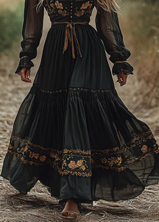 Blackish Green V Neck Wrinkled Patchwork Cotton Long Dress Fall