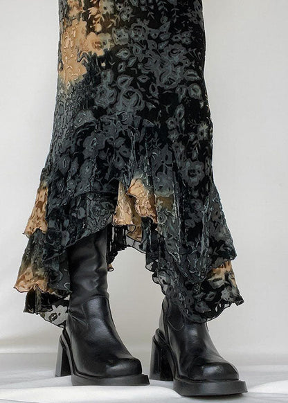 Black Asymmetrical Print Ruffled Patchwork Silk Velour Skirt