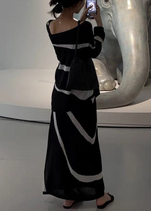 French Black Striped Tops and Dresses Knit Two Piece Set Fall