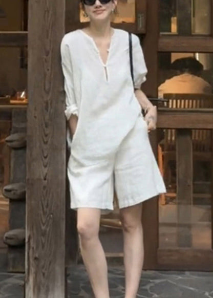 White Button Shirts and Pockets Shorts Cotton Two Pieces Set Summer
