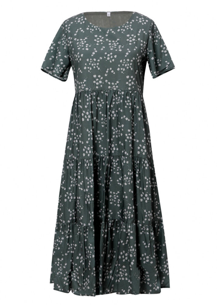 New Green Print High Waist Cotton Long Dresses Summer