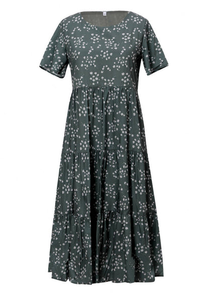 New Green Print High Waist Cotton Long Dresses Summer