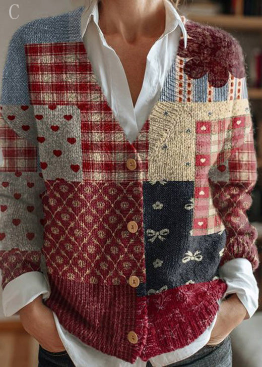 V Neck Button Print Knit Cardigans Fall