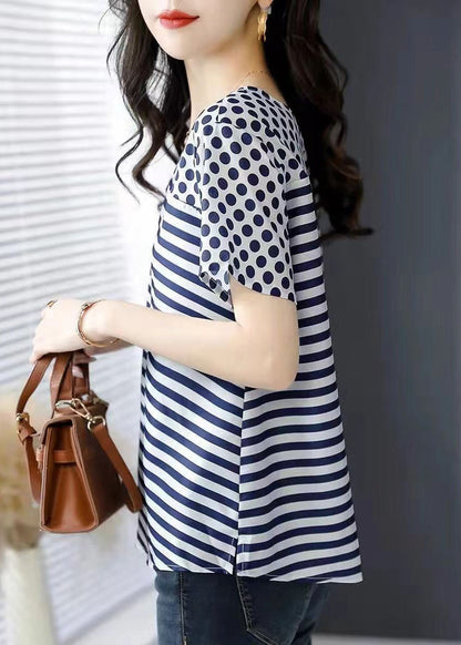 Blue O Neck Striped Dot Patchwork Silk Top Summer
