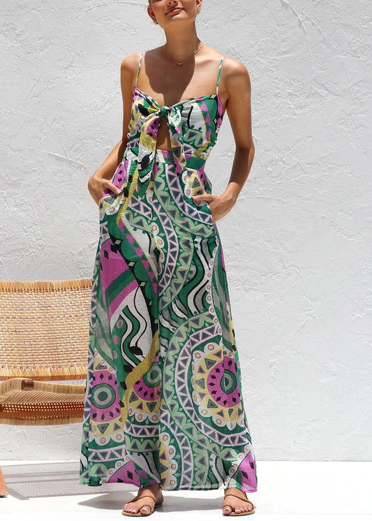 Stylish Green Print Chiffon Spaghetti Strap Jumpsuits Summer