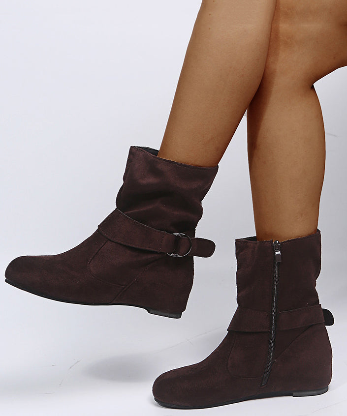 Black Suede Boots Splicing Zippered Buckle Strap
