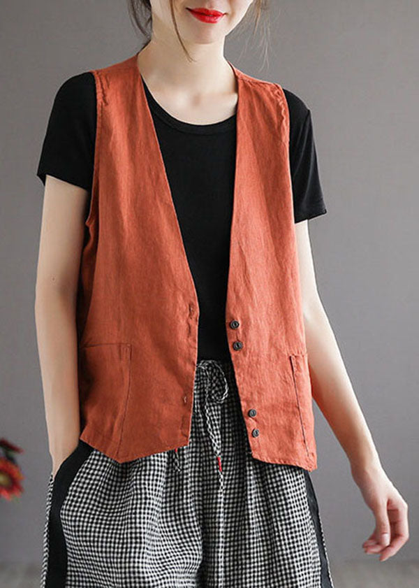 Orange V Neck Pockets Linen Vest Tops Sleeveless