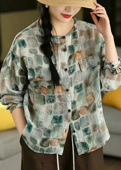 Blue Oversized Print Linen Shirts Spring