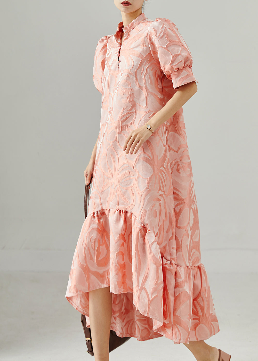 French Pink Stand Collar Jacquard Long Dress Puff Sleeve