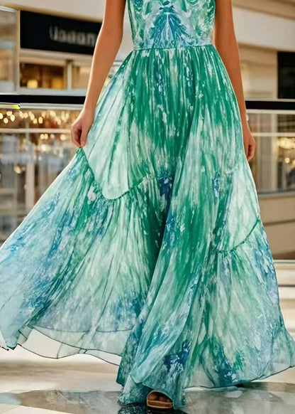Green Print Exra Large Hem Chiffon Holiday Halter Dress Summer